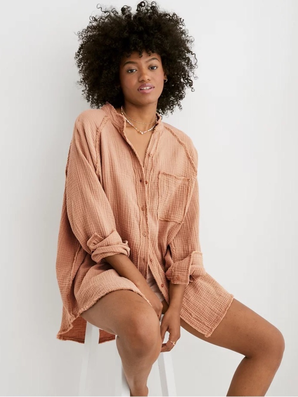 Aerie Lightweight Gauze Cover Up Cotton Raw Edge Oversized Boho Beach Shirt XS